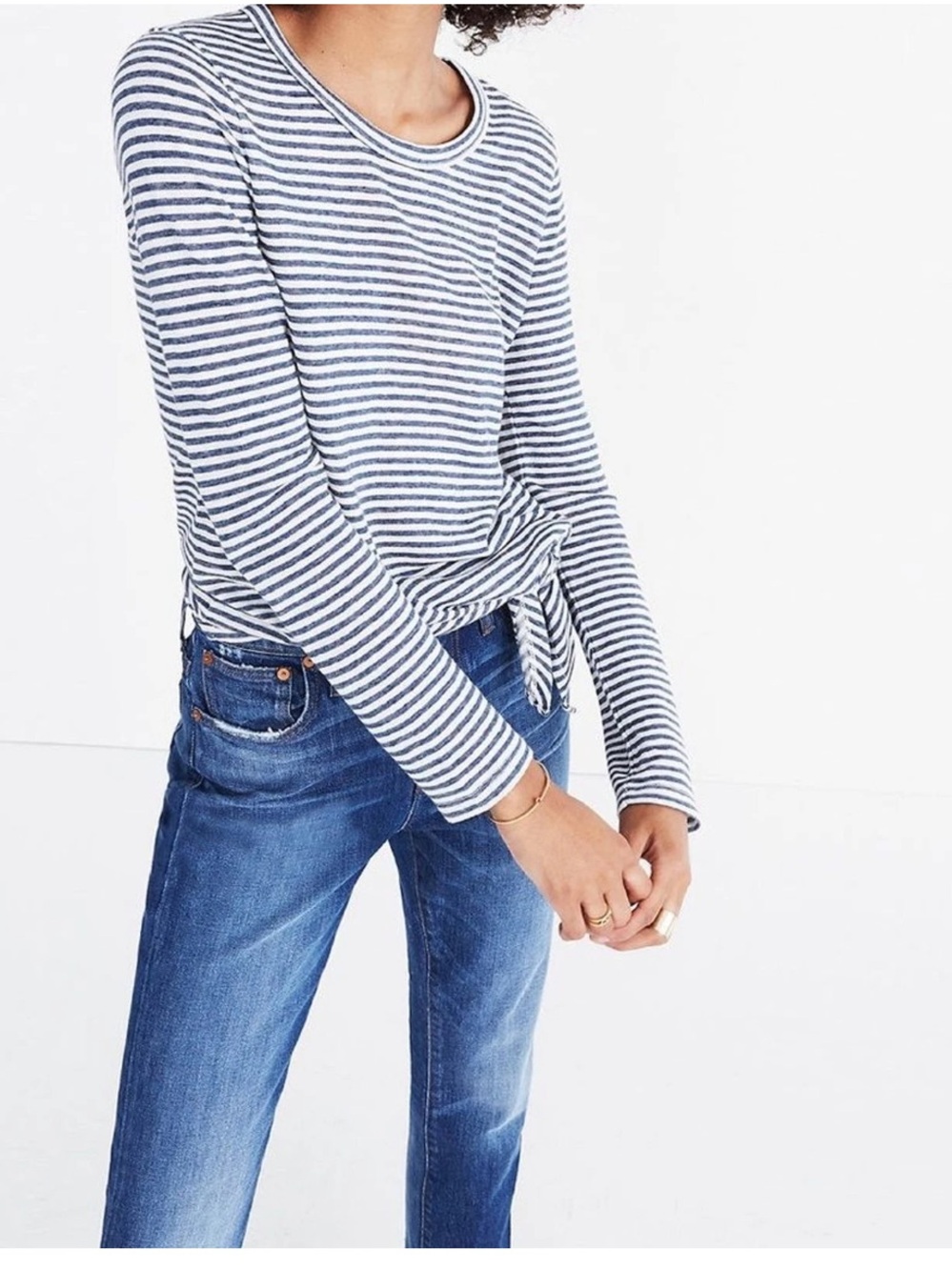 Madewell Women Soundcheck Side-Tie Long Sleeve Tee Linen White‎ Stripe Size XS